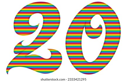 Number Twenty With Rainbow Colors Pattern Vector Illustration. Number 20 In LGBT Flag Colors