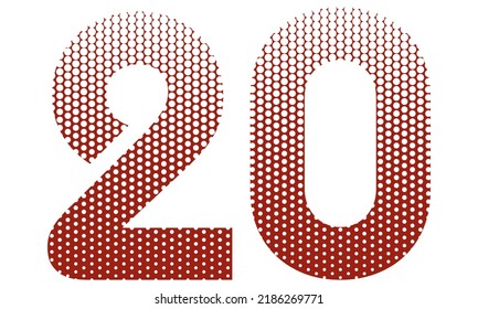 Number Twenty With Red And White Dotted Pattern Vector Illustration. Number 20 Isolated On A White Background
