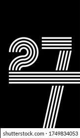 Number Twenty Seven 27 made out of concentric lines, black and white design
