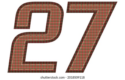 Number Twenty Seven With Plaid Pattern Vector Illustration. Colorful Textile Number 27 Isolated On A White Background
