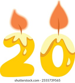 
Number Twenty Shaped Candle Vector Cartoon Design Illustration. Numerical designed celebratory decor for birthday event 
