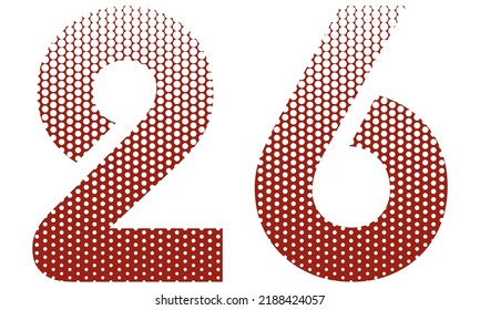 Number Twenty Six With Red And White Dotted Pattern Vector Illustration. Number 26 Isolated On A White Background

