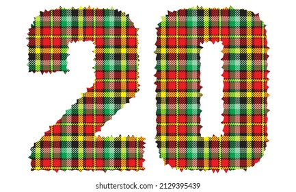 Number Twenty With Textile Texture. Number 20 With Plaid Pattern Isolated On A White Background
