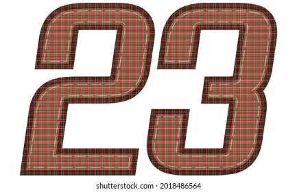 Number Twenty Three With Plaid Pattern Vector Illustration. Colorful Textile Number 23 Isolated On A White Background
