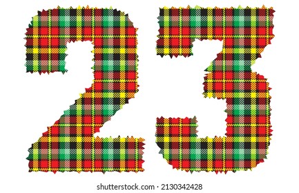 Number Twenty Three With Textile Texture. Number 23 With Plaid Pattern Isolated On A White Background
