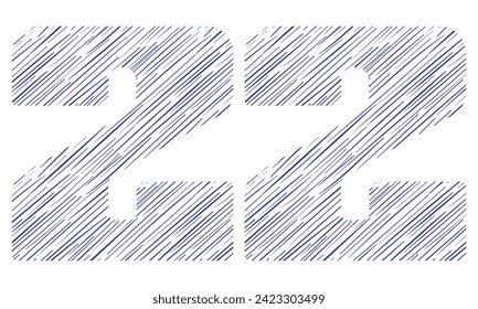 Number Twenty Two With Hand Drawn Pattern Vector Illustration. Number 22 With Line Pattern Isolated On A White Background
