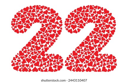 Number Twenty Two With Red Hearts Love Pattern Vector Illustration. Number 22 Isolated On A White Background
