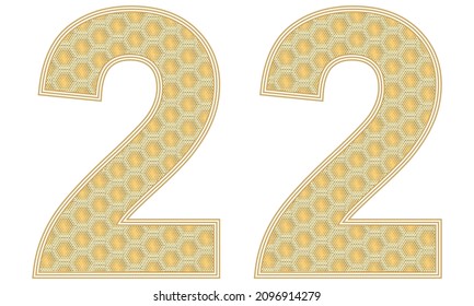 Number Twenty Two Vector Illustration. Number 22 With Random Size Hexagonal Honeycomb Pattern Isolated On A White Background
