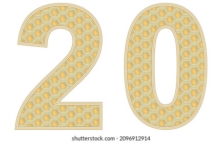 Number Twenty Vector Illustration. Number 20 With Random Size Hexagonal Honeycomb Pattern Isolated On A White Background
