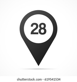 Number Twenty-eight, 28 on map pin. Location pointer isolated on a white background.
Conceptual vector illustration.