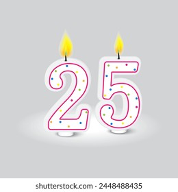 Number twenty-five birthday candle. Celebratory bright decoration. Quarter century milestone. Vector illustration. EPS 10.