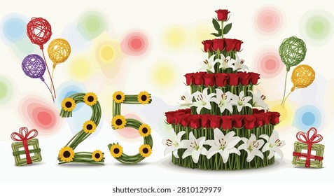Number twenty-five and a tiered cake made of sunflowers and white lilies celebrate a special anniversary on a soft bokeh background.