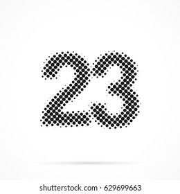 Number Twenty-three, 23 in halftone. Dotted illustration isolated on a white background.
Vector illustration.