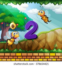 Number two with 2 bees flying in the garden illustration