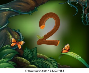 Number two with 2 butterflies in the garden illustration