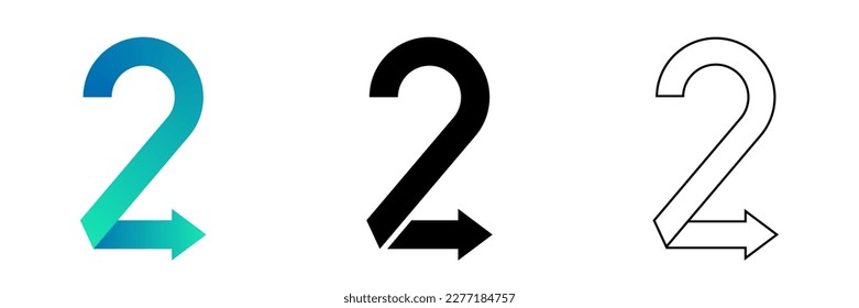 Número dos (2) Gradiente de diseño de punta de punta de cinta plegada, negro, icono de logotipo de línea de arte aislado en fondo blanco