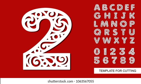 Number Two - 2. Full English Alphabet And Digits 0, 1, 2, 3, 4, 5, 6, 7, 8, 9. Lace Letters And Numbers. Template For Laser Cutting, Wood Carving, Paper Cut And Printing. Vector Illustration.