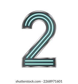 Number Two (2) Neon Glow Light Stainless Metallic Frame Number Symbol Futuristic Design Icon Logo Isolated on White Background Vector Illustration