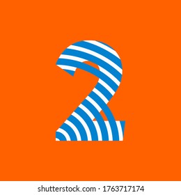 number two (2) white and blue curved lines texture on orange background for party, editable vector