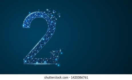 number two 2D low poly abstract illustration consisting of points, lines, and shapes in the form of planets, stars and the universe. Vector digit 2 wireframe concept.
