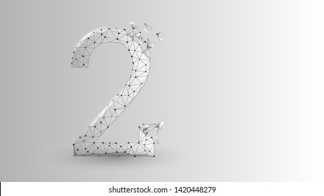 number two 2D low poly abstract illustration consisting of points, lines, and shapes in the form of planets, stars and the universe. Origami vector digit 2 wireframe concept.