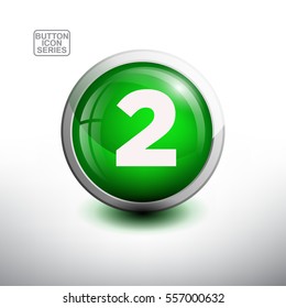 Number Two in 3D Glossy Green Button for web Icon, Education Icon and Alphabet Icon. Vector Illustration 
