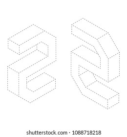 Number two 3D isometric black and white alphabet number worksheet. coloring page for children education. connect the dots and restore dashed line game. Vector illustration.