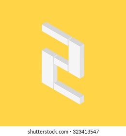 Number Two with 3D style on yellow background, 2, vector illustration