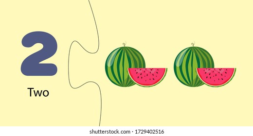 Número dos. cuenta, estudiar números a través de frutas y verduras. Matemáticas elementales para niños. el juego es un rompecabezas. Dos sandías
