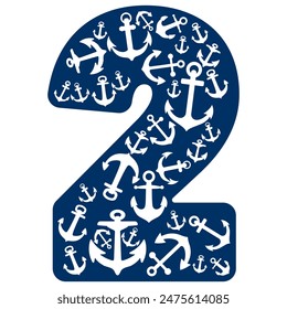 Number Two With Anchor Pattern. Number 2 Isolated On A White Background
