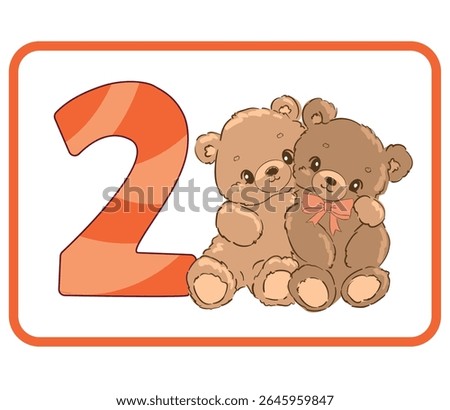 Number Two with Bears Hand Drawn Educational Flashcard for Toddlers Vector for Early Learning 2