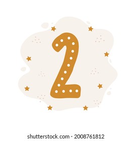 Number two in boho style. Cute doodle element for birthday card template. Scandinavian vector illustration.