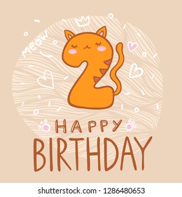 Number Two with cartoon cat character vector illustration. Beautiful element for kids birthday party invitation, greeting card and cake toppers design.
