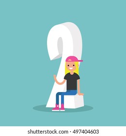 Number two concept: young smiling teenager sitting on the number Two. Step two. Second point. Second place. Flat editable vector illustration