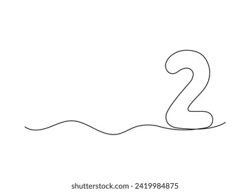 Number two, continuous one line drawing. Black hand drawn single minimalist line isolated number. Vector line figure background