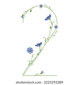 Número dos con ramas de flor de maíz. Fuente floral. Dígito 2. Ilustración vectorial aislada.
