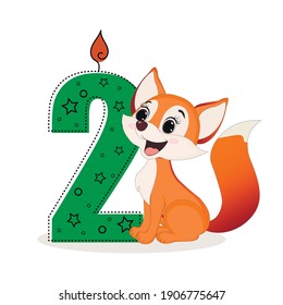 Number two and a cute cartoon fox. Perfect for greeting cards, party invitations, posters, stickers, pin, scrapbooking, icons. Birthday concept