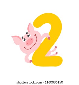 Number two with cute cartoon pig for kids isolated on white. Learn to count concept illustration and birthday anniversary number used for poster, book, greeting card.