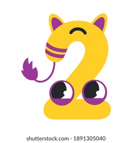 Number Two Cute Monster, Funny Fantasy Alien Character, Mathematics Symbol, Learning Material for Kids Cartoon Style Vector Illustration