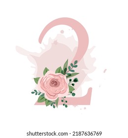 Number two decorated with pink rose, leaves and watercolor splash isolated on white background. Vector illustration for birthday, wedding invitation, wedding table numbers and much more.