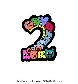 number two doodle style, line art with various color patterns