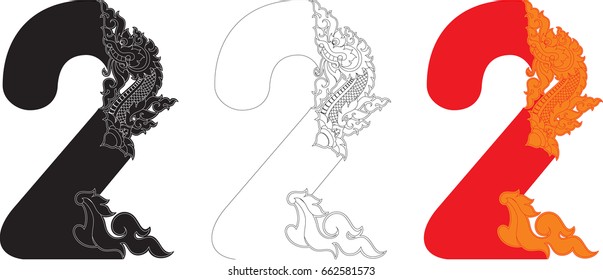 Number Two, Doodles Swirl Tribal Tail and Head of Naga Number Alphabets (Dragon Monster Art Number Font) Vector Format / Southeast Asia Art Style