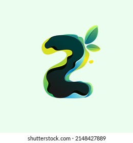 Number two eco logo with green leaves in hologram glitch style. Environment friendly icon with color shift and illusion. Vector element for waste recycling identity, natural theme presentation.