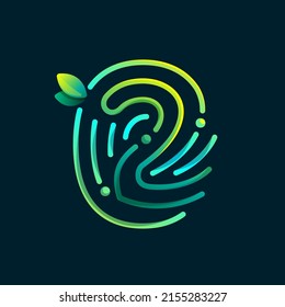 Number two eco logo made of fingerprint. Gradients icon with green leaves and dew drops. Perfect for online payment art, biometric design, agriculture advertising, pure food packaging.