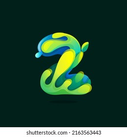 Logotipo ecológico número dos hecho de salpicaduras verdes y azules, olas de agua pura y rocío con hojas frescas. Perfecto para arte agrícola, diseño de reciclaje de residuos, publicidad biológica, envasado de alimentos saludables.