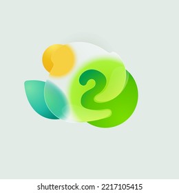 Number two eco logo in round splash with green leaf and sun. Realistic glassmorphism style translucent icon. Environment friendly negative space emblem for agriculture advertising and healthy food
