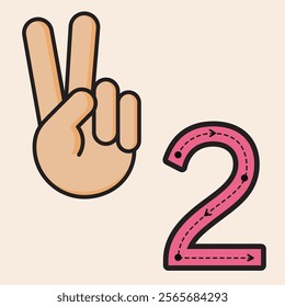 Number Two. Finger counting designed to help PreK and Kindergarten students learn and practice numbers. Vector fully editable line art design.