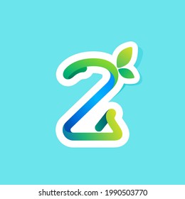 Number two flow line eco logo with green leaves. Vector green icon perfect to use in your agriculture labels, science posters, spring advertising campaign.