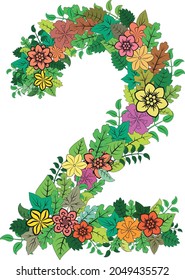 número dos con flores y hojas