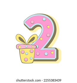 Number two with gift box, baby month cards. Monthly milestone. Birthday Party Invitation Card Template 
